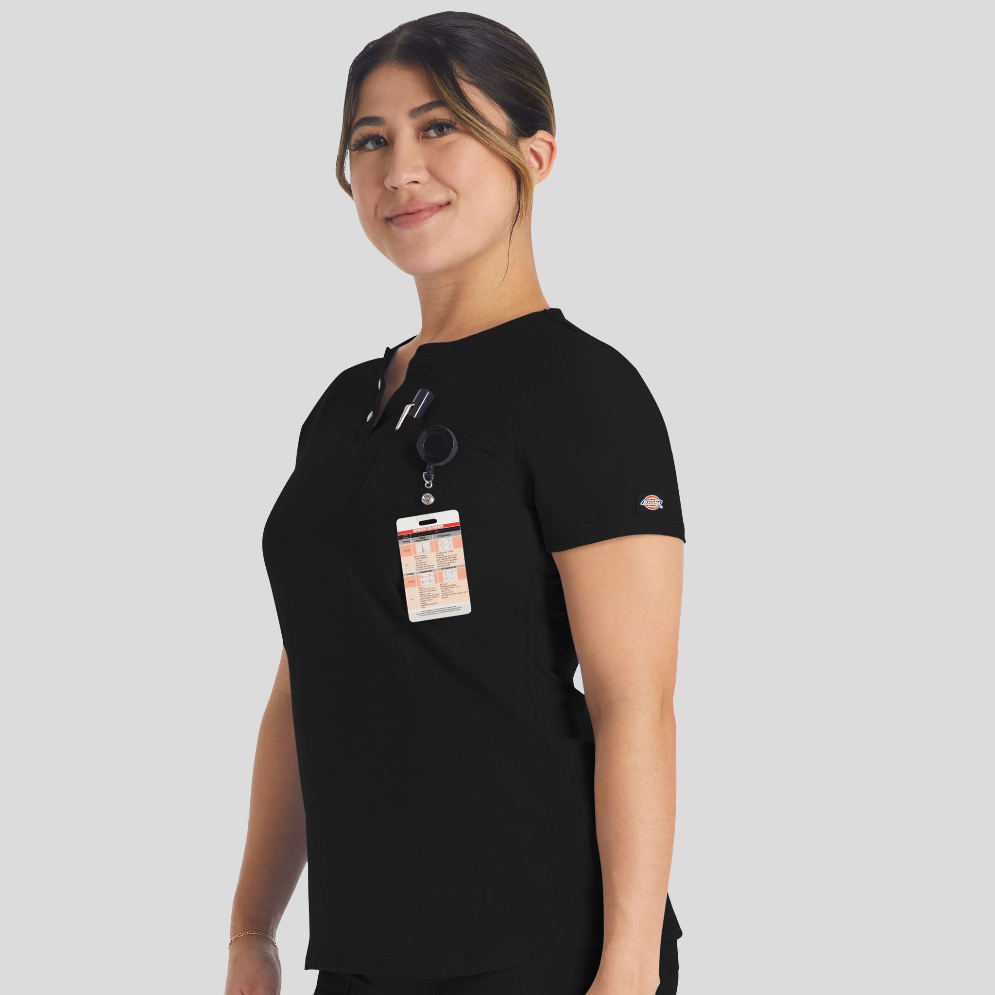 Women's Round Neck Henley Scrub Top | Black